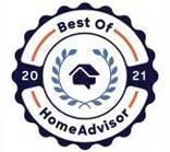 Best of HomeAdvisor 2021 award badge with dark blue and white seal and laurel wreath