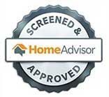HomeAdvisor screened and approved badge logo in gray and white with orange roof icon
