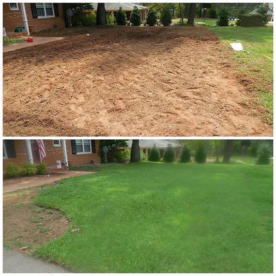Lawn before and after: bare dirt transformed into a lush green yard beside a brick house.