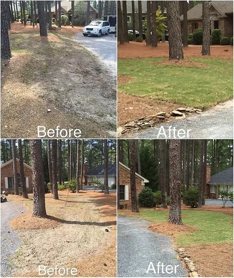 Four-panel before-and-after yard landscaping with pine straw replaced by green grass and a gravel border