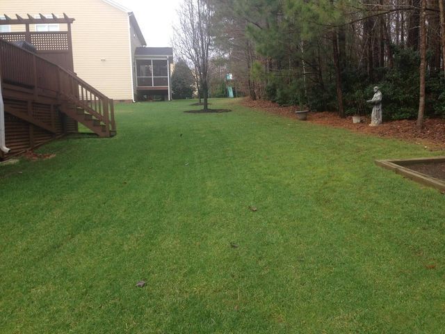 Grassy backyard beside a beige house, with a deck on the left and trees lining the right side in Southern Pines, NC