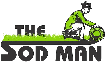 Logo reading “The Sod Man” with a cartoon landscaper in green kneeling by a roll of sod.