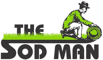 Logo reading “The Sod Man” with a green cartoon landscaper laying sod on a white background