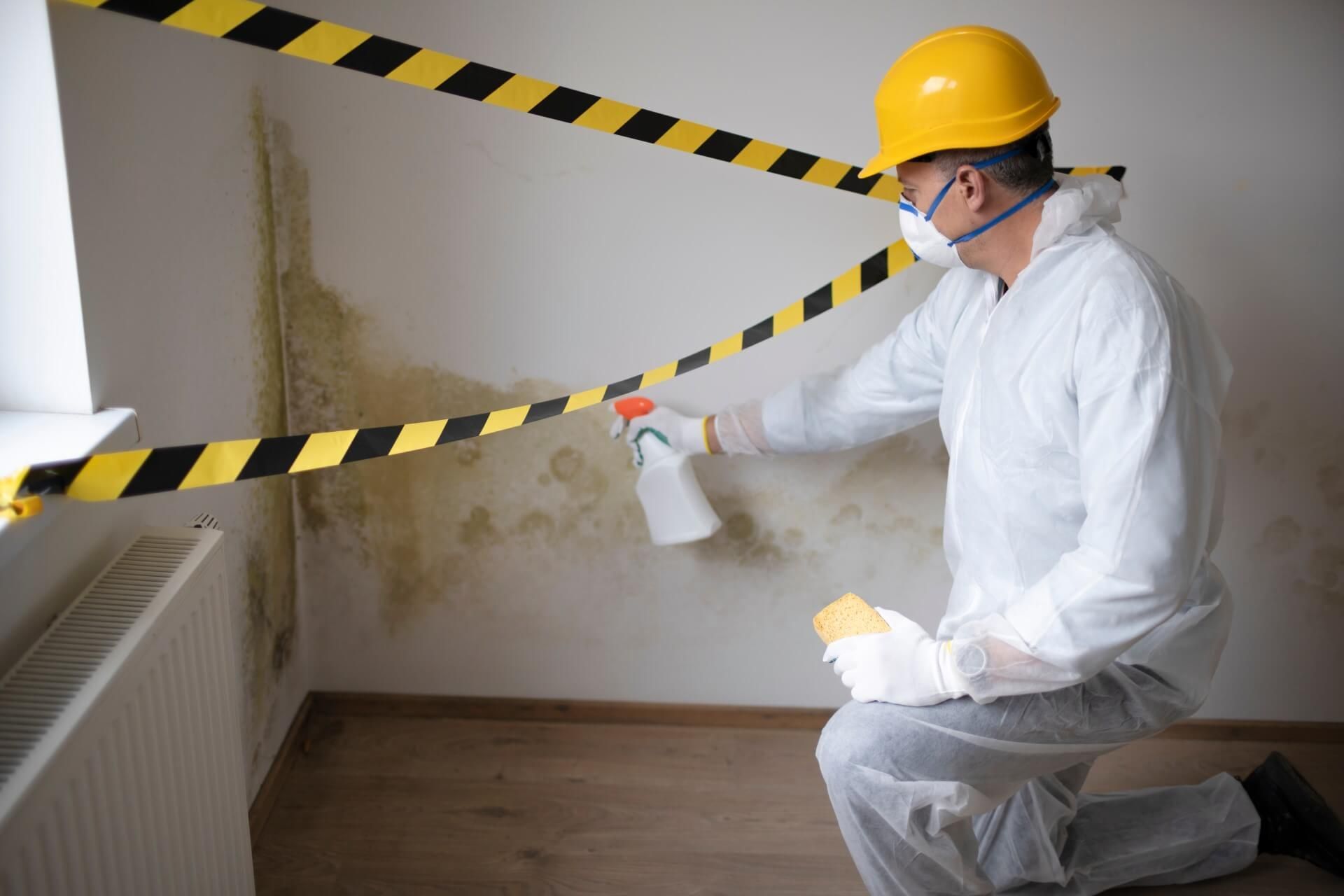 Person in protective suit sprays a mold-covered wall, behind hazard tape, in a room.