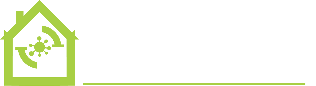 Green house with virus symbol, arrows, and line below.