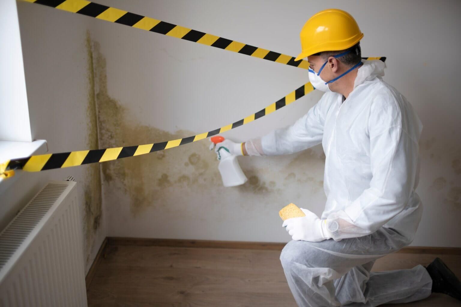Person in protective suit sprays mold on a wall, yellow hard hat, caution tape, interior room.