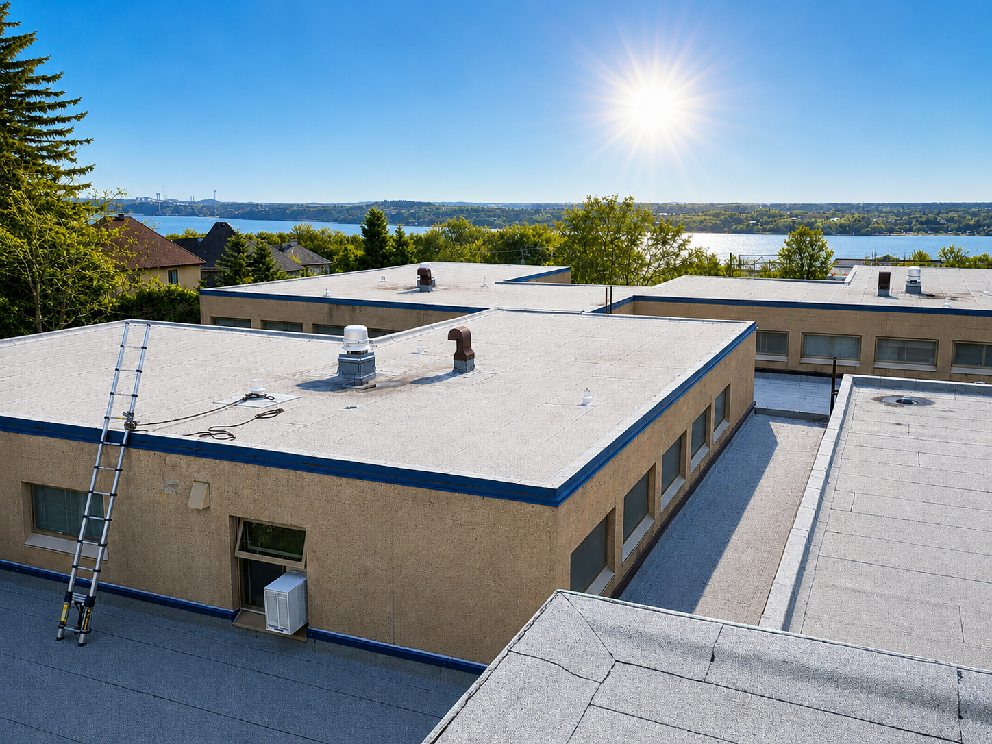 Rooftop view of a low building with white and tan roofs, blue trim, and a lake in the distance under bright sun