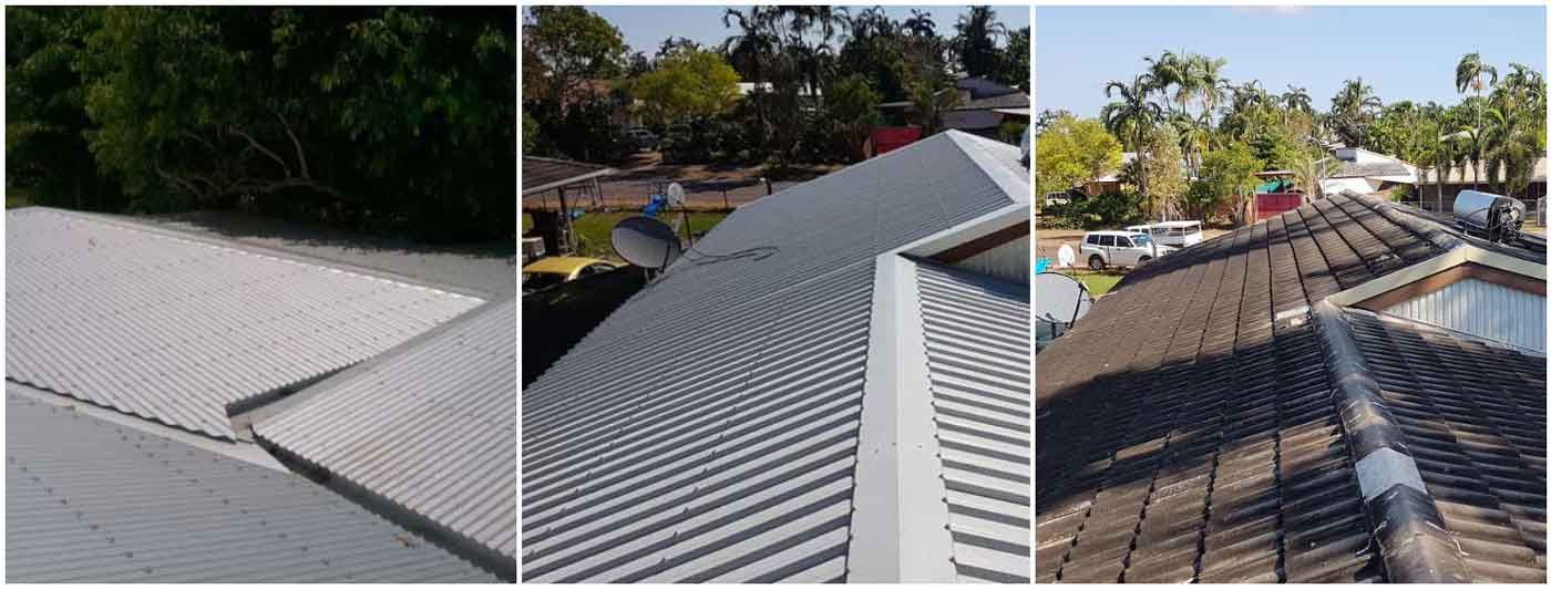a collage of three pictures of a roof before and after being painted .