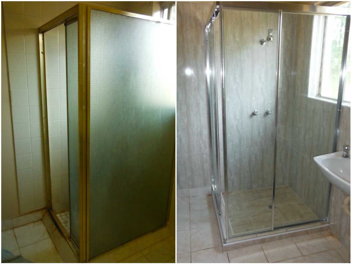 a before and after picture of a shower stall