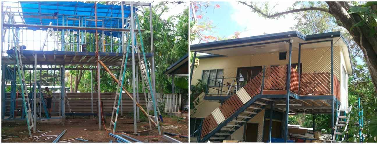 two pictures of a house under construction with stairs