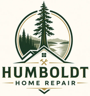 Humboldt Home Repair logo with pine trees, house roof, forest, and mountains in green and gold