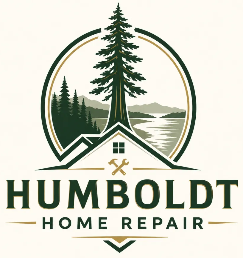 Humboldt Home Repair logo with pine trees, house roof, forest, and mountains in green and gold