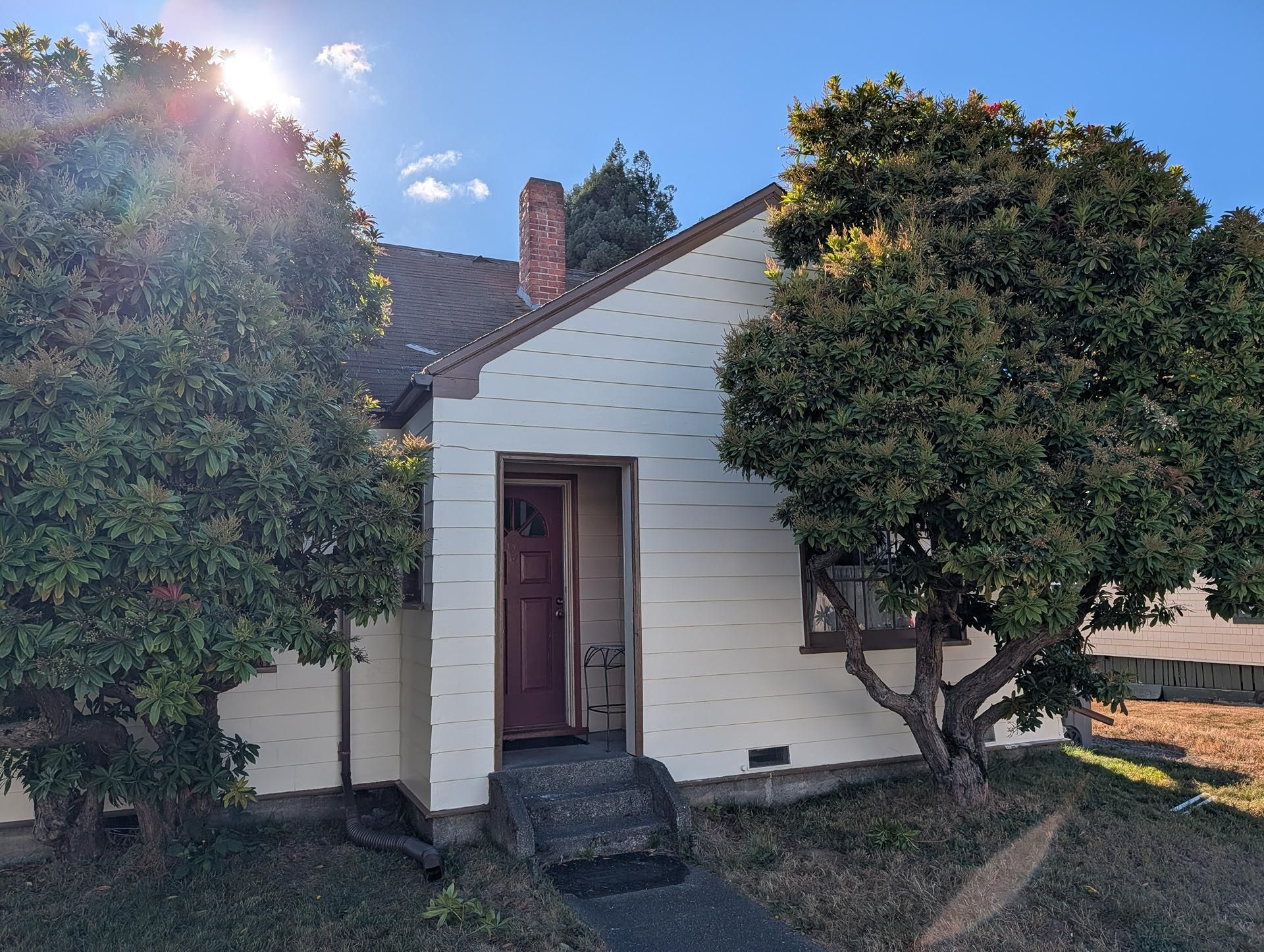 Small white house with a red door, framed by two large trees in a sunny yard.