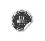 Round sticker with J.I.M. APPLIANCE text, stars, and peeling corner; black and white design.