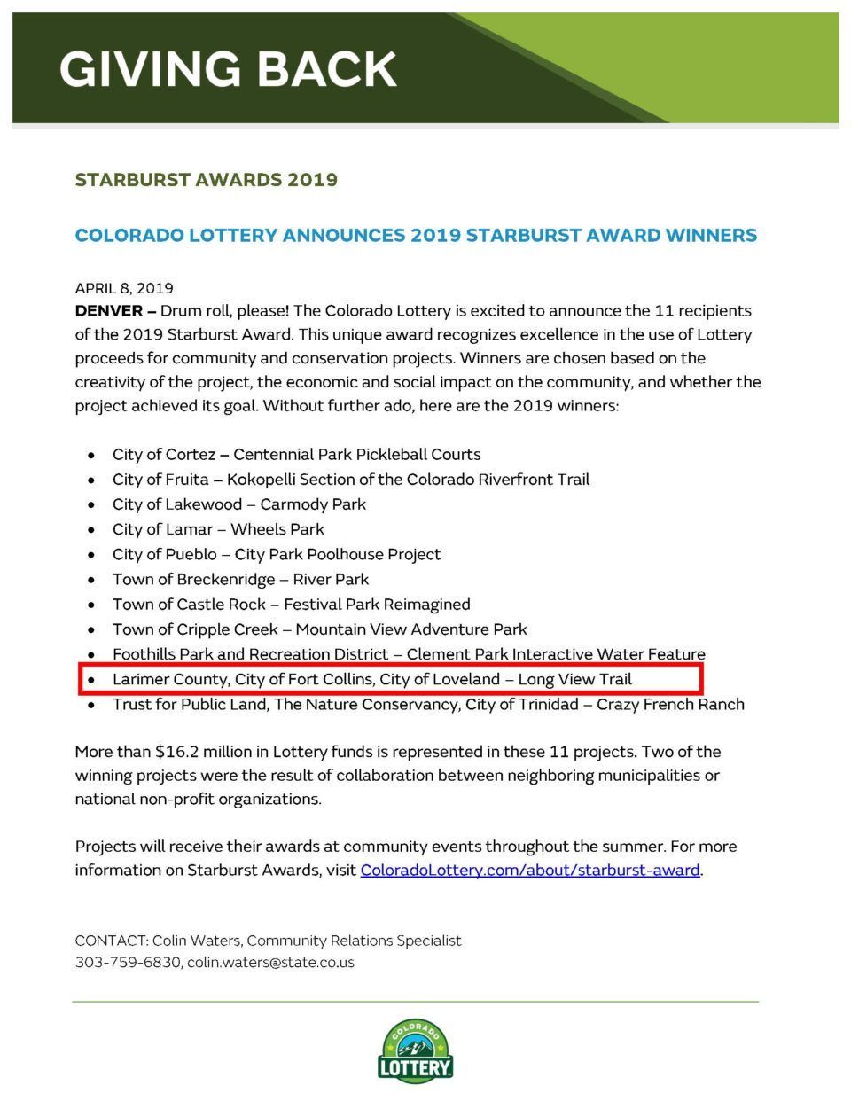 “Giving Back” slide with “Starlight Awards 2019” text and a red highlighted bullet point list on a white background