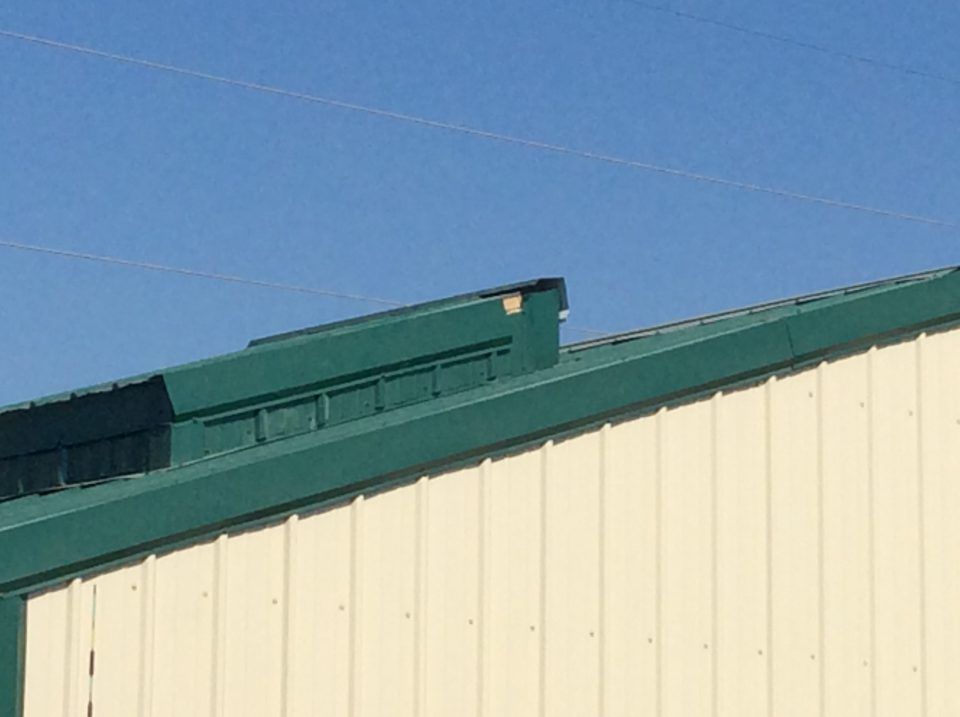 Green-roofed beige metal building under a clear blue sky