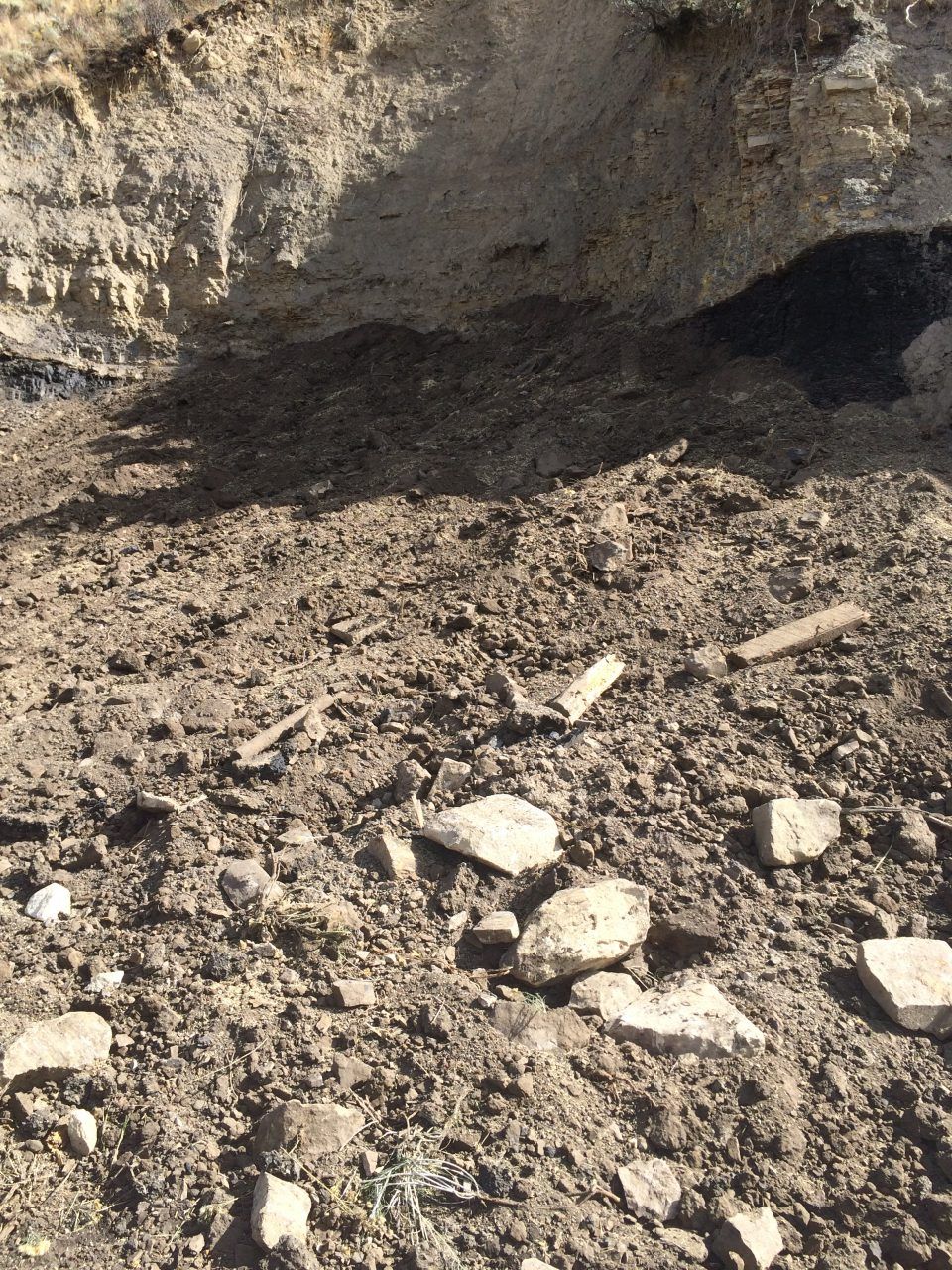 Rocky dirt ground beneath a rough stone ledge or shallow cave opening.