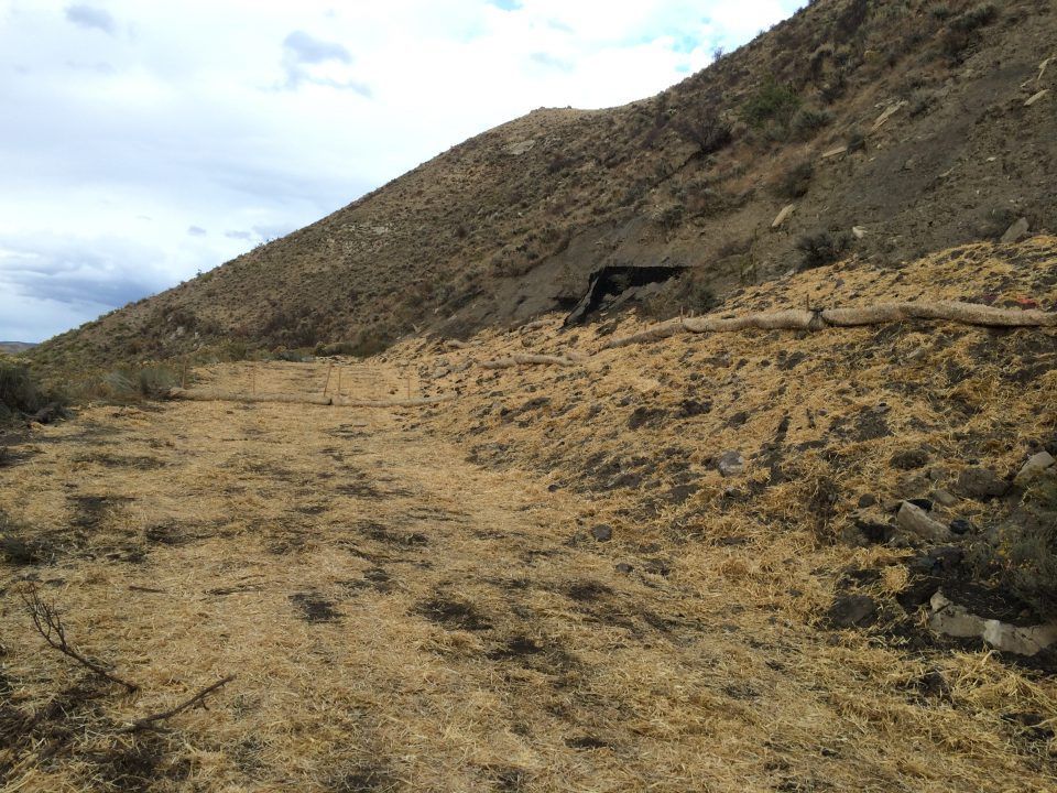 Dry dirt trail winding through a barren hillside under a cloudy sky