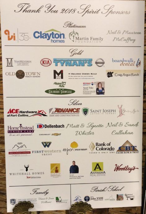 Sponsor sign listing business logos for the 2018 Spirit Sponsor event, white background with brown header text