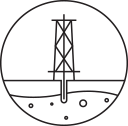 Black line icon of an offshore oil rig above wavy water with small bubbles below
