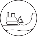 Black-and-white line icon of a bulldozer moving earth in a circular frame