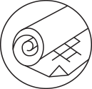 Black-and-white circular icon of a rolled scroll with small geometric symbols inside.