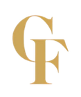 Monogramme « GF » stylisé en or sur fond blanc