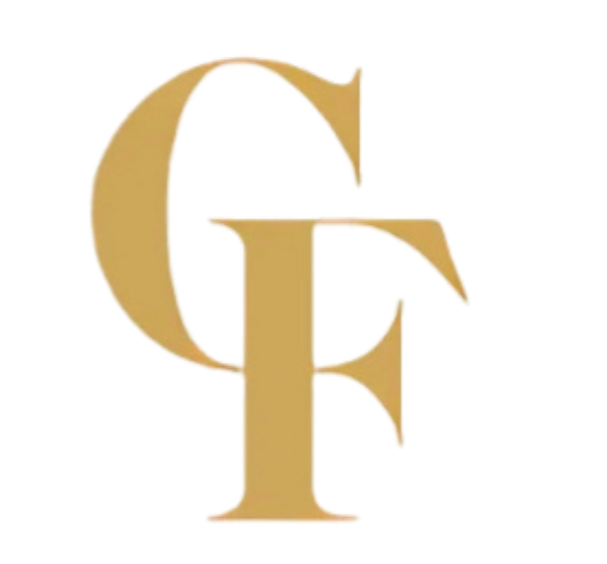 Monogramme C et F entrelacés en or sur fond blanc