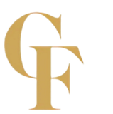 Logo monogramme doré superposé des lettres « G » et « F » sur fond blanc