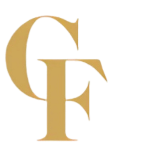 Logo monogramme doré superposé des lettres « G » et « F » sur fond blanc