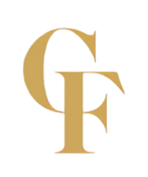 Monogramme « GF » stylisé en or sur fond blanc