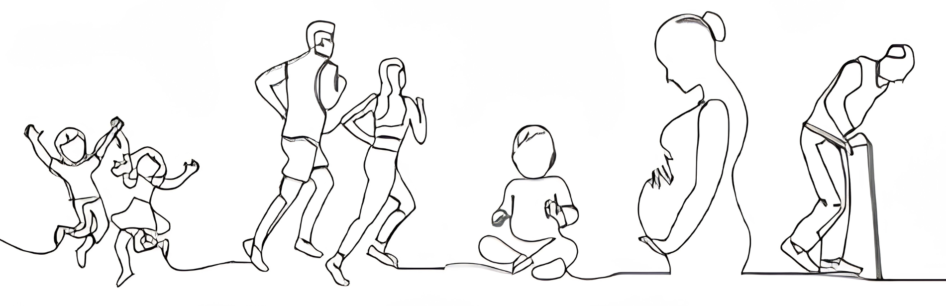 Dessin au trait de cinq personnes dans différentes poses, marchant ou debout, sur fond blanc