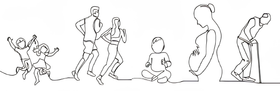 Dessin au trait de cinq personnes dans différentes poses, marchant ou debout, sur fond blanc