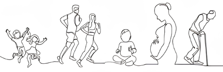 Dessin au trait de cinq personnes dans différentes poses, marchant ou debout, sur fond blanc