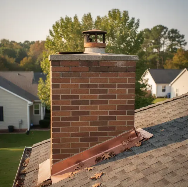 Brick chimney on a shingled roof with damaged flashing and scattered debris, houses and trees in background