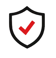 Black shield outline with red checkmark inside