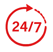 Red circular arrow with 24/7 in the center, symbolizing around-the-clock service