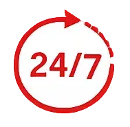 Red circular arrow with 24/7 in the center, symbolizing around-the-clock service