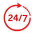 Red circular arrow with 24/7 in the center, symbolizing around-the-clock service