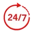 Red circular arrow with 24/7 in the center, symbolizing around-the-clock service