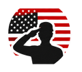 Silhouette of a saluting person over a U.S. flag circle