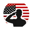 Silhouette of a saluting person over a U.S. flag circle