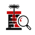 Magnifying glass examining a red and black abstract symbol with a tree-like top