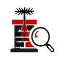 Magnifying glass examining a red and black abstract symbol with a tree-like top