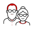 Two smiling people with glasses, one with red hair and one with a bun, outlined in black and red.