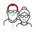Two smiling people with glasses, one with red hair and one with a bun, outlined in black and red.