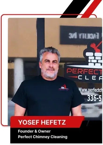 Portrait of Yosef Hefetz, founder of Perfect Chimney Cleaning, standing in front of company signage