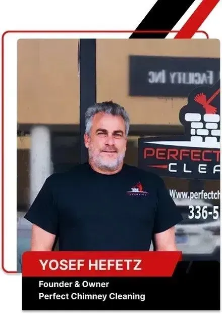 Portrait of Yosef Hefetz, founder of Perfect Chimney Cleaning, standing in front of company signage