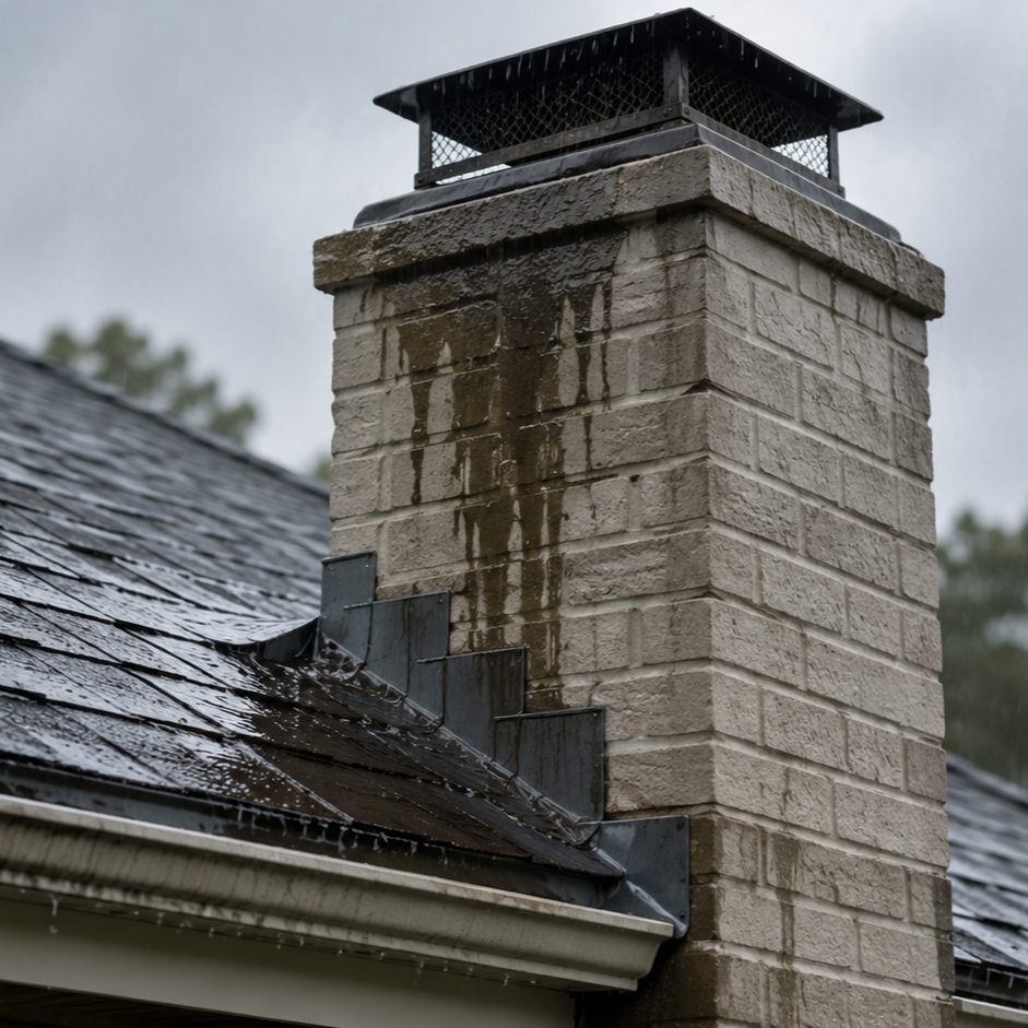 Stone chimney on a wet gray shingled roof with a metal cap