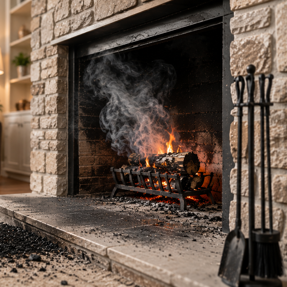Stone fireplace with a small burning fire, smoke, and fireplace tools beside it.